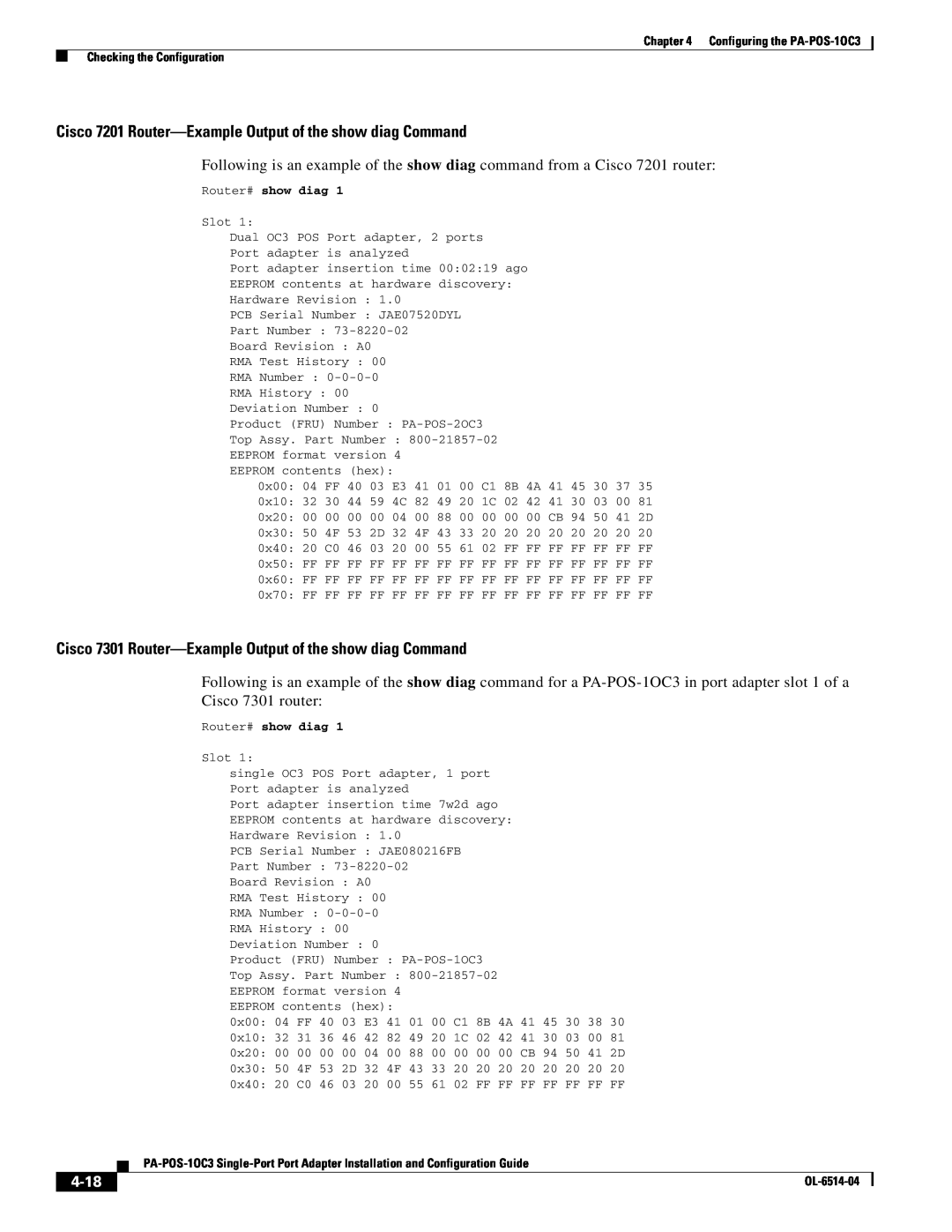 Cisco Systems PA-POS-2OC3, PA-POS-1OC3 manual Cisco 7201 Router-Example Output of the show diag Command, 4-18 