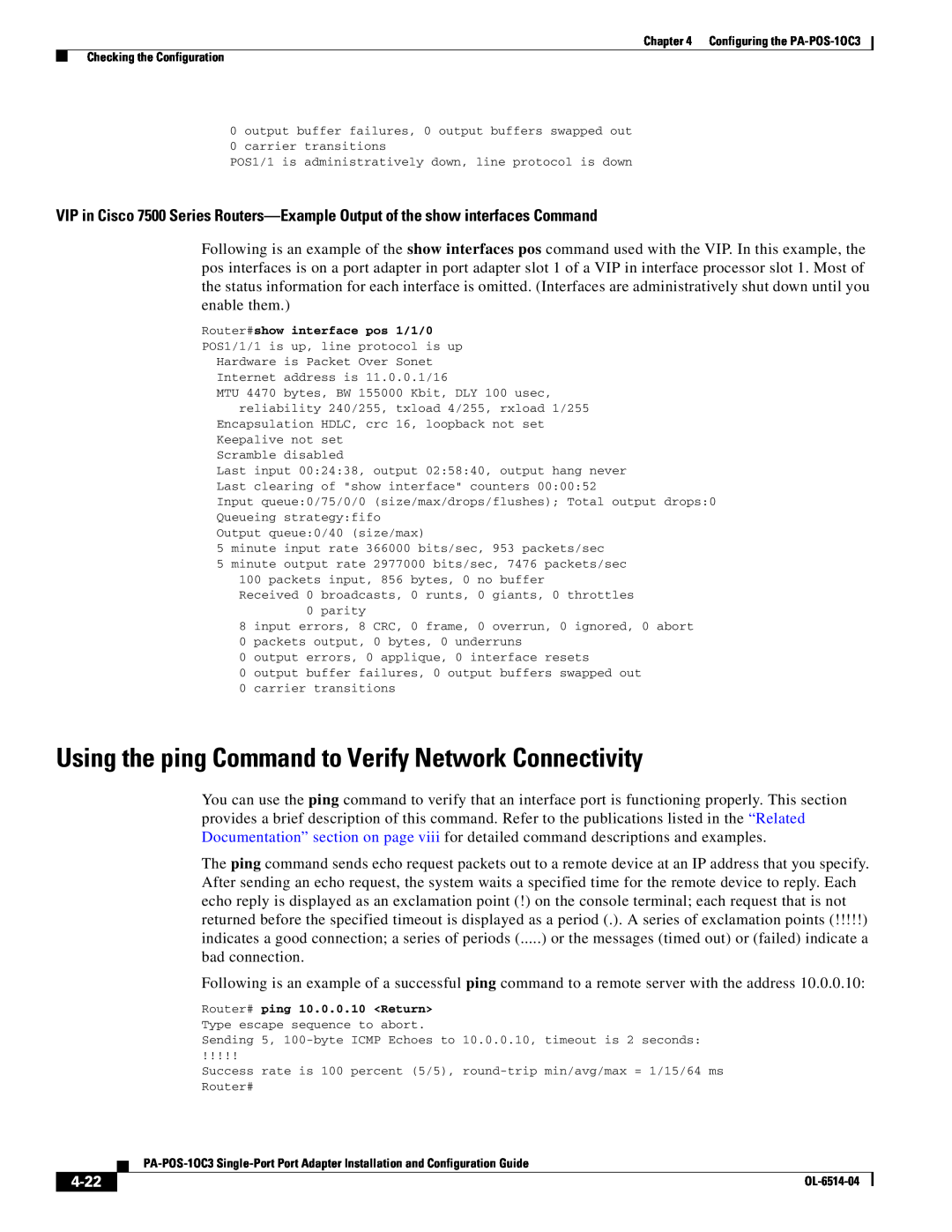 Cisco Systems PA-POS-2OC3, PA-POS-1OC3 manual Using the ping Command to Verify Network Connectivity, 4-22 