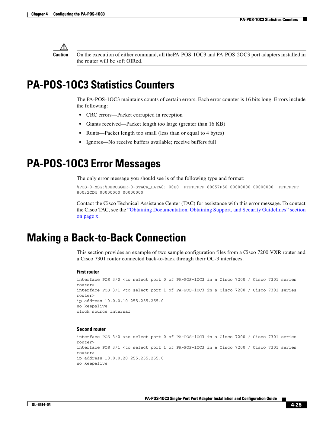 Cisco Systems manual PA-POS-1OC3 Statistics Counters, PA-POS-1OC3 Error Messages, Making a Back-to-Back Connection, 4-25 