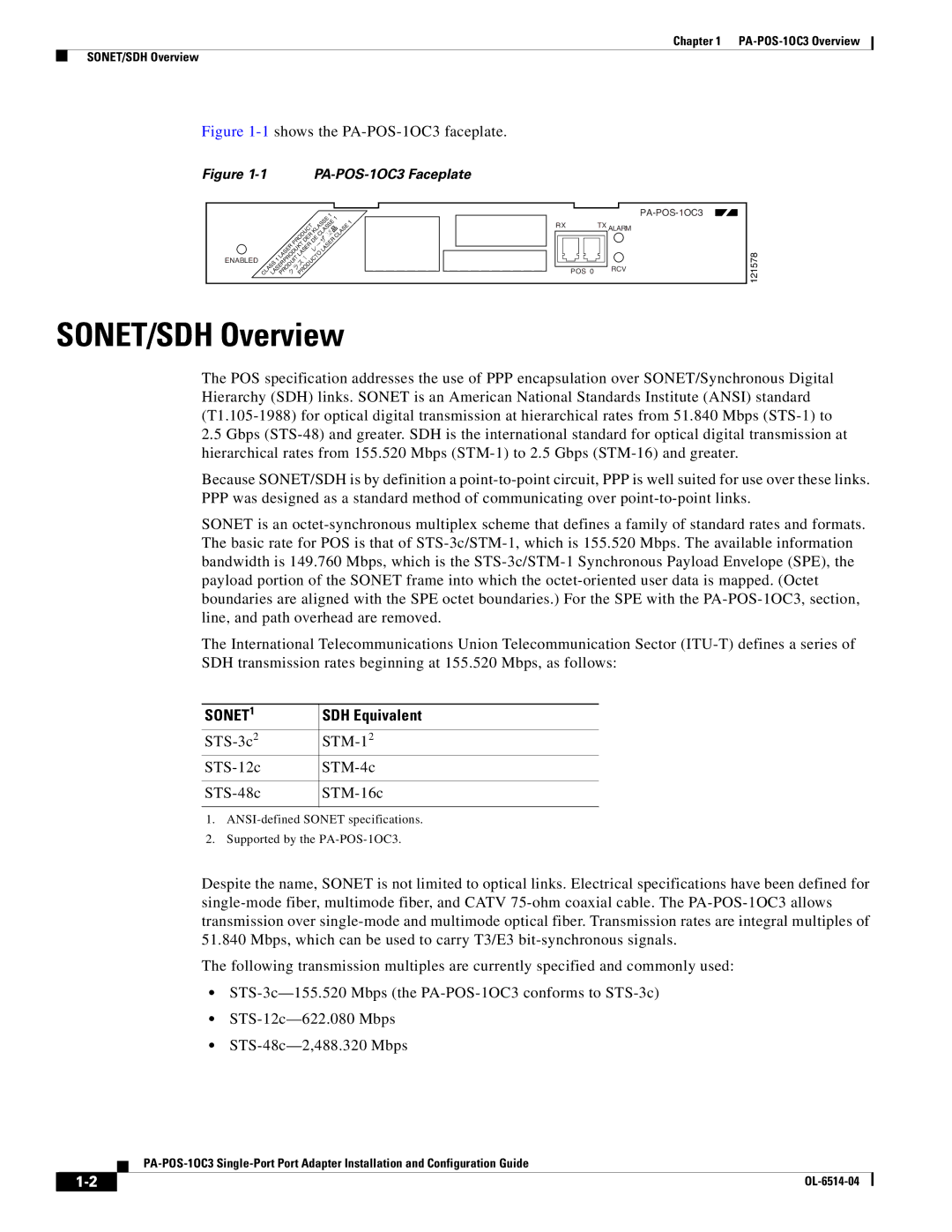 Cisco Systems PA-POS-2OC3, PA-POS-1OC3 manual SONET/SDH Overview, SDH Equivalent 