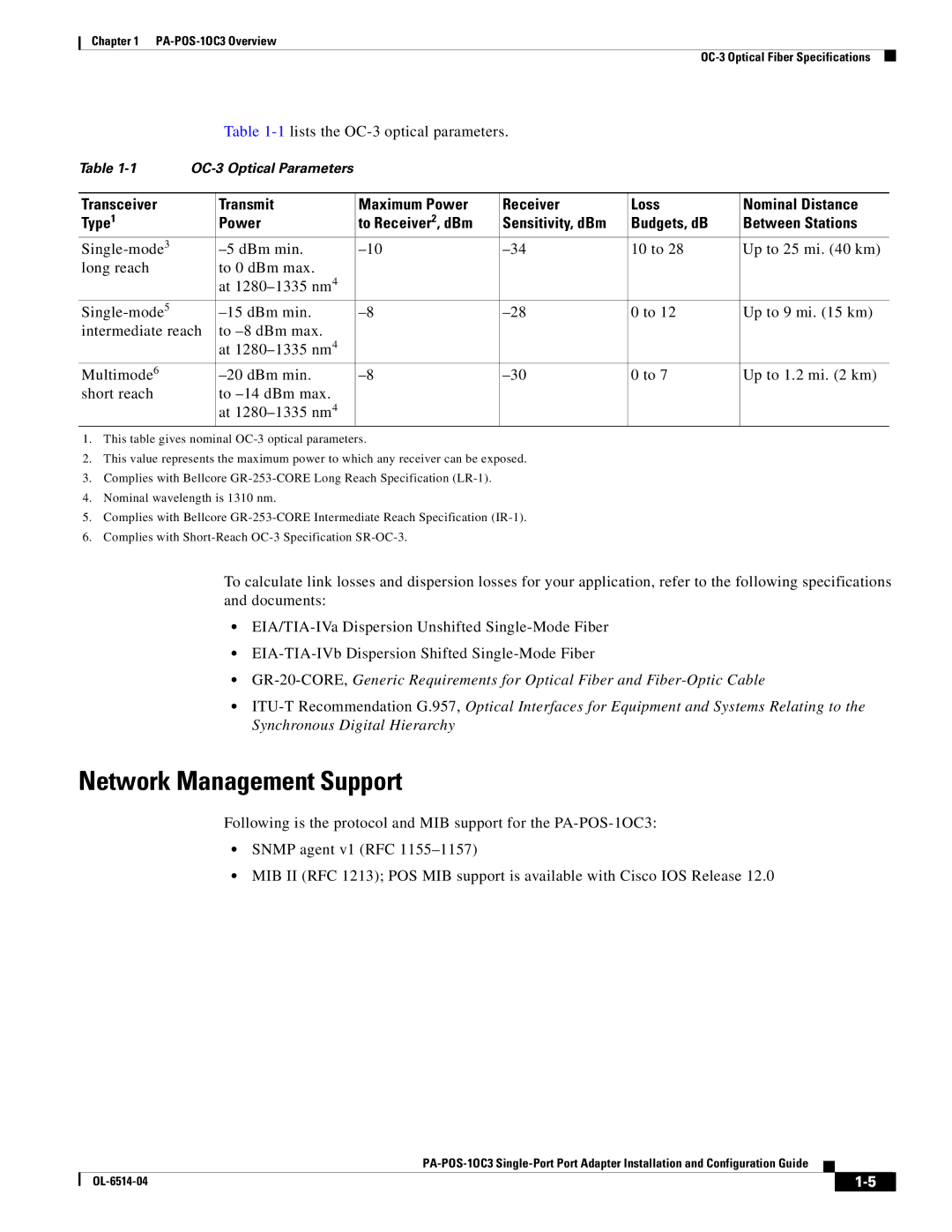 Cisco Systems PA-POS-1OC3, PA-POS-2OC3 manual Network Management Support 