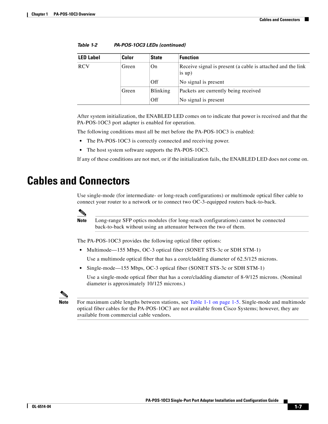 Cisco Systems PA-POS-1OC3, PA-POS-2OC3 manual Cables and Connectors, Rcv 