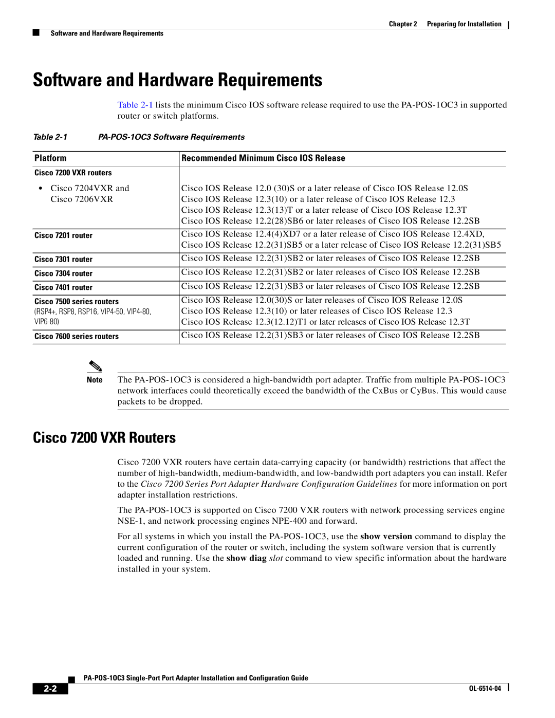 Cisco Systems PA-POS-2OC3, PA-POS-1OC3 manual Software and Hardware Requirements, Cisco 7200 VXR Routers 