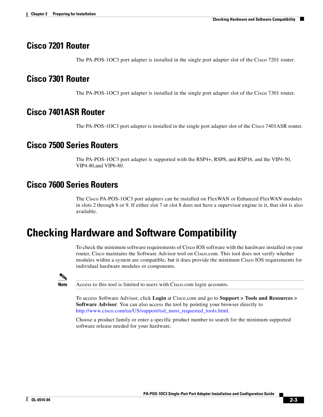 Cisco Systems PA-POS-1OC3, PA-POS-2OC3 manual Checking Hardware and Software Compatibility 