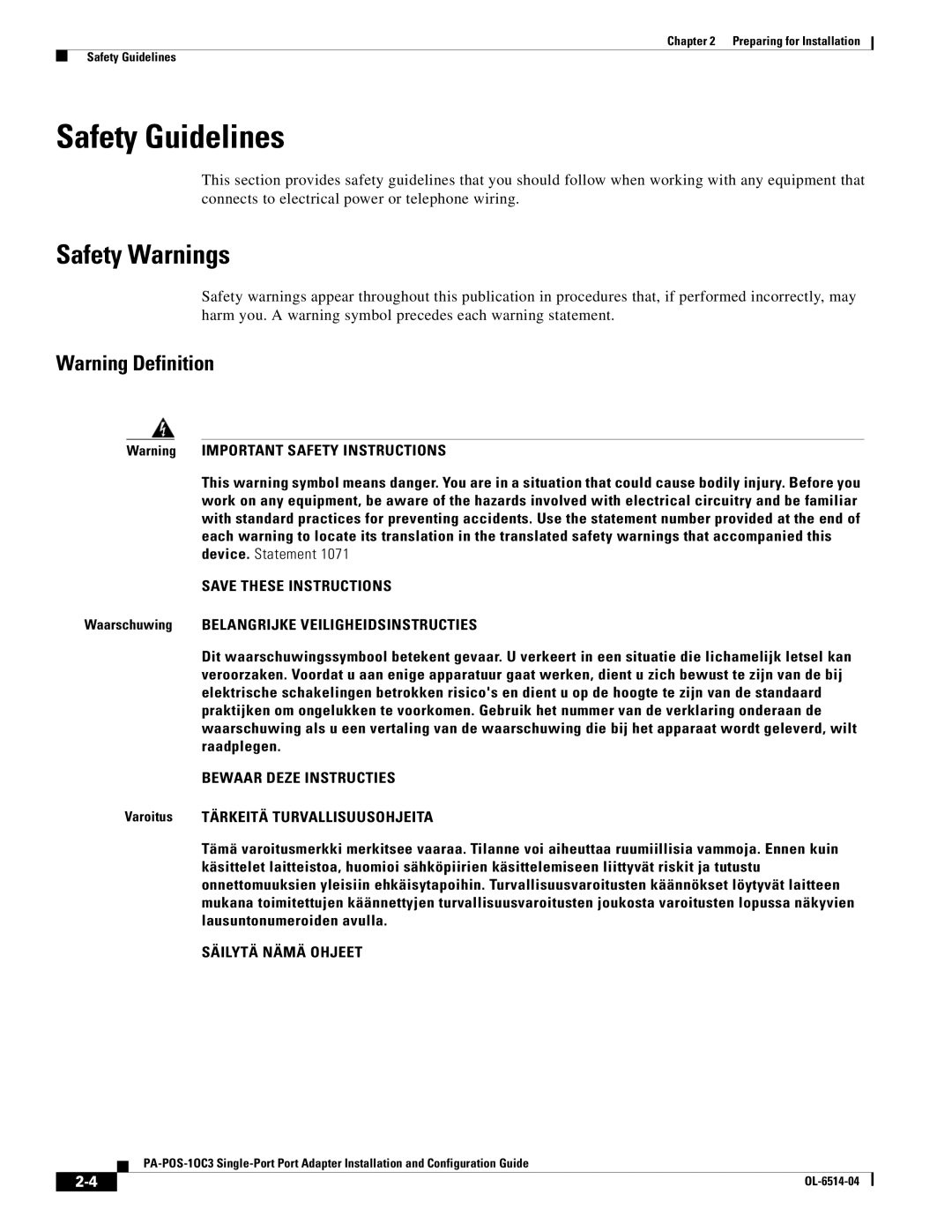 Cisco Systems PA-POS-2OC3, PA-POS-1OC3 manual Safety Guidelines, Safety Warnings 