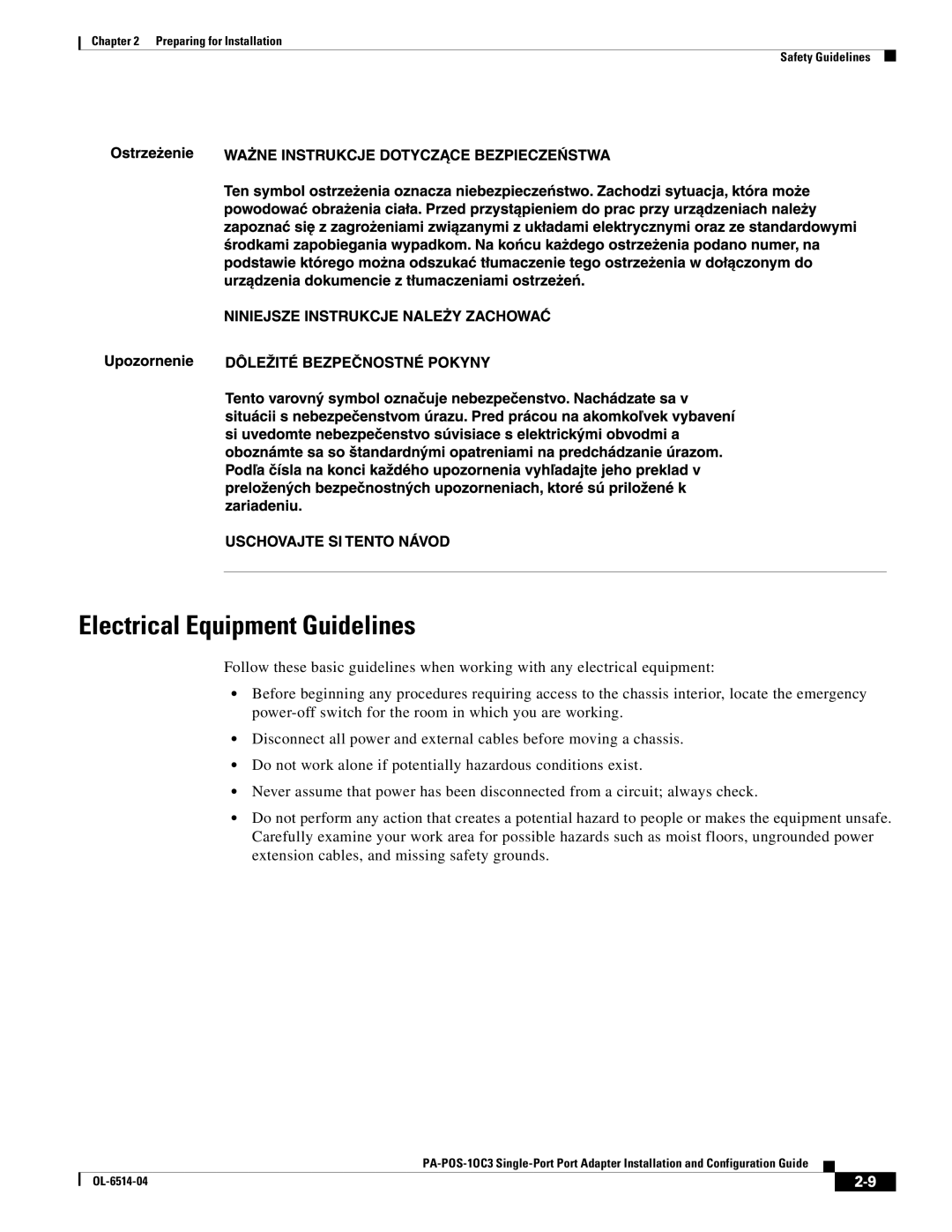 Cisco Systems PA-POS-1OC3, PA-POS-2OC3 manual Electrical Equipment Guidelines 