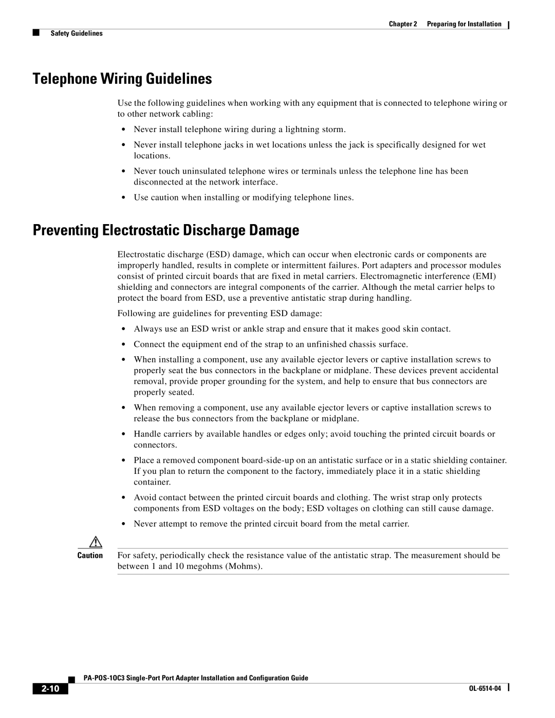 Cisco Systems PA-POS-2OC3, PA-POS-1OC3 manual Telephone Wiring Guidelines, Preventing Electrostatic Discharge Damage 