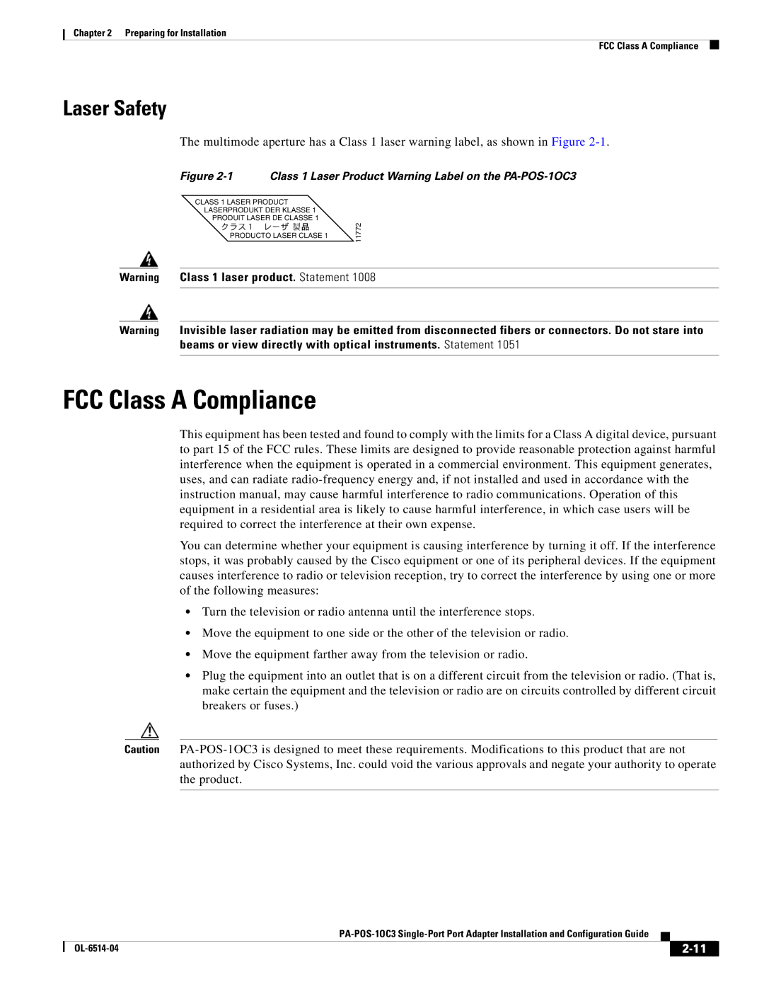 Cisco Systems PA-POS-1OC3, PA-POS-2OC3 manual FCC Class a Compliance, Laser Safety 