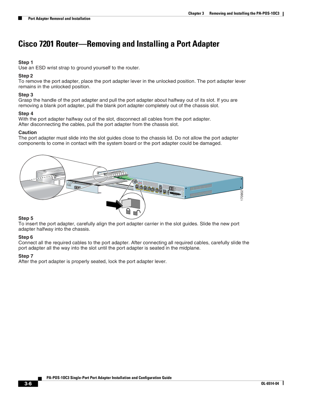 Cisco Systems PA-POS-2OC3, PA-POS-1OC3 manual Cisco 7201 Router-Removing and Installing a Port Adapter 