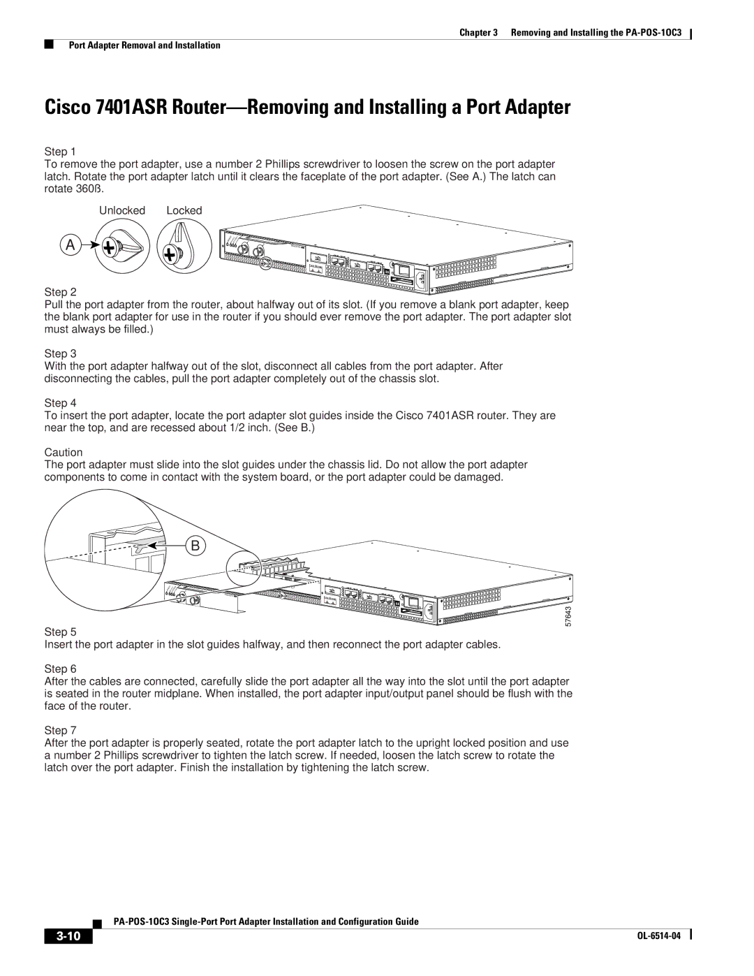 Cisco Systems PA-POS-2OC3, PA-POS-1OC3 manual Cisco 7401ASR Router-Removing and Installing a Port Adapter 