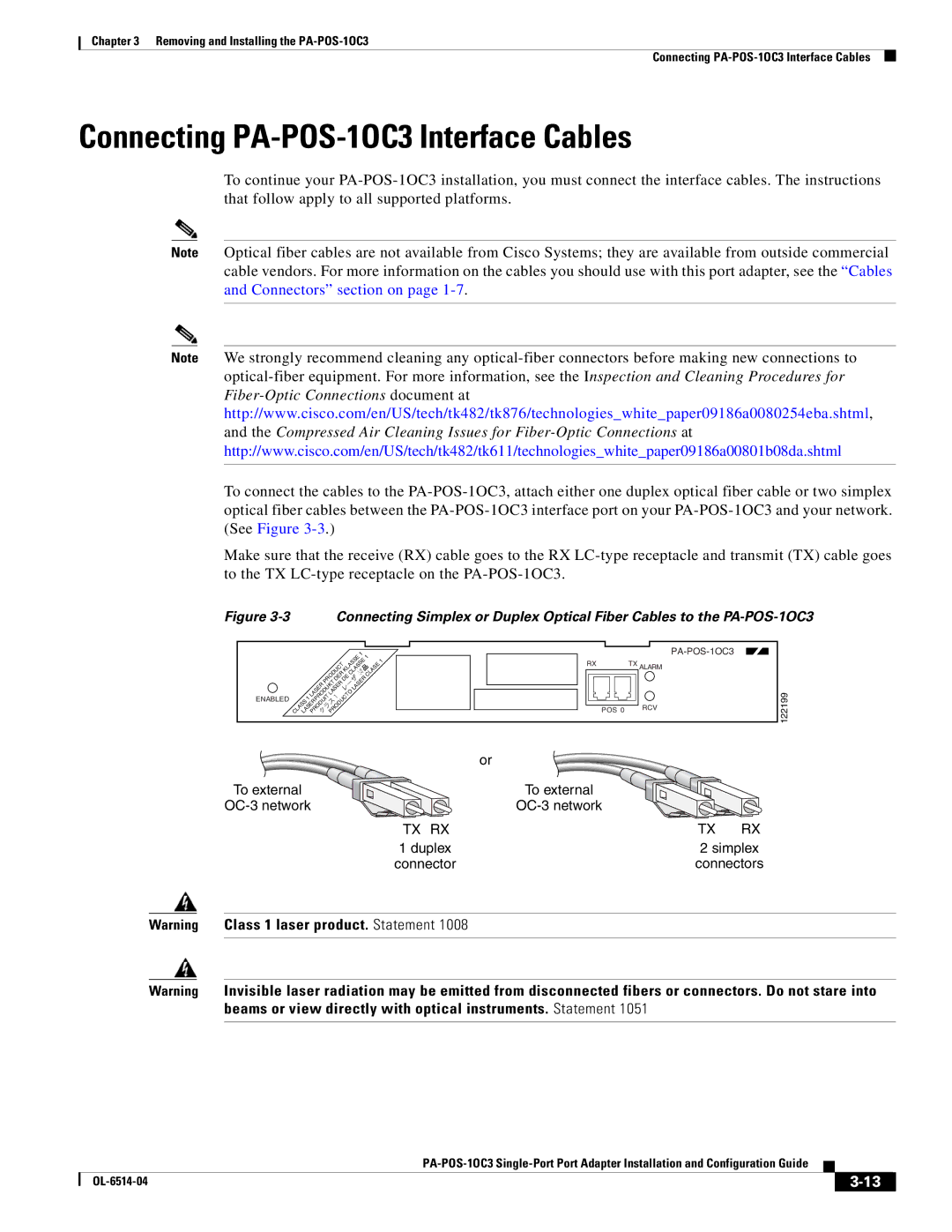 Cisco Systems PA-POS-2OC3 manual Connecting PA-POS-1OC3 Interface Cables, Tx Rx 