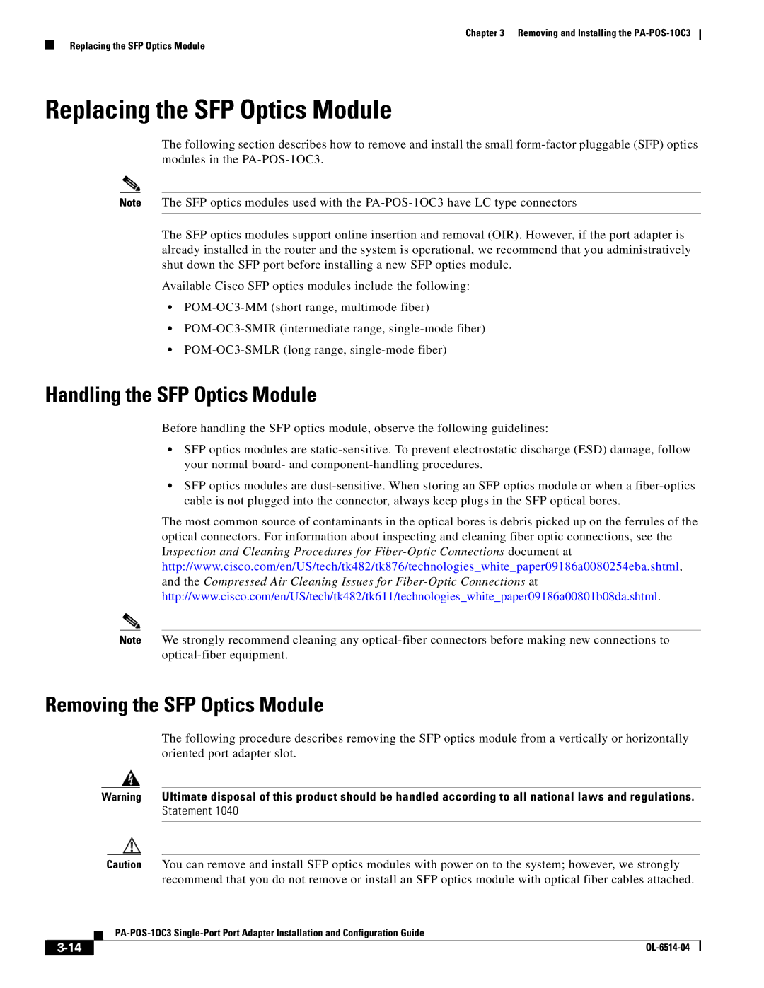 Cisco Systems PA-POS-2OC3 Replacing the SFP Optics Module, Handling the SFP Optics Module, Removing the SFP Optics Module 