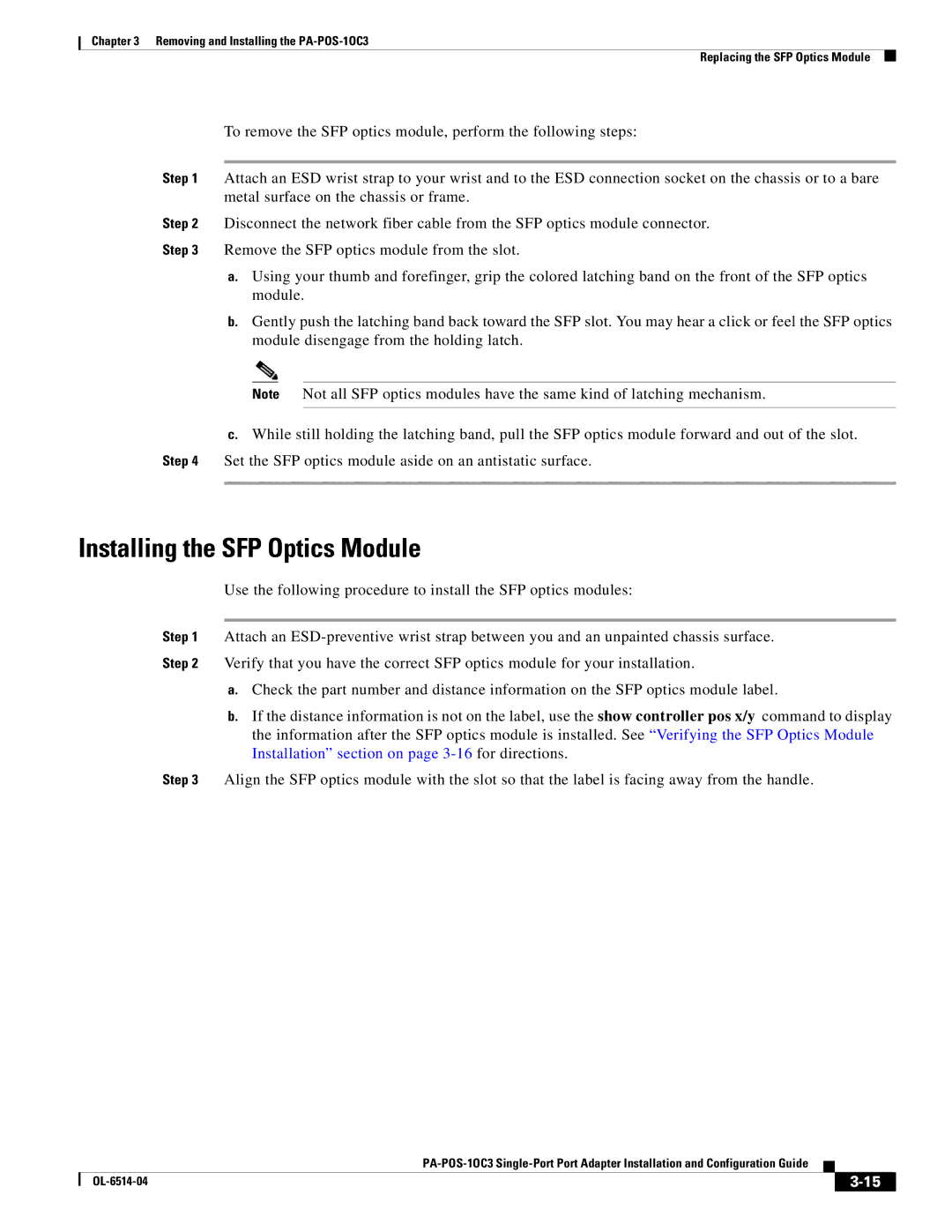 Cisco Systems PA-POS-1OC3, PA-POS-2OC3 manual Installing the SFP Optics Module 