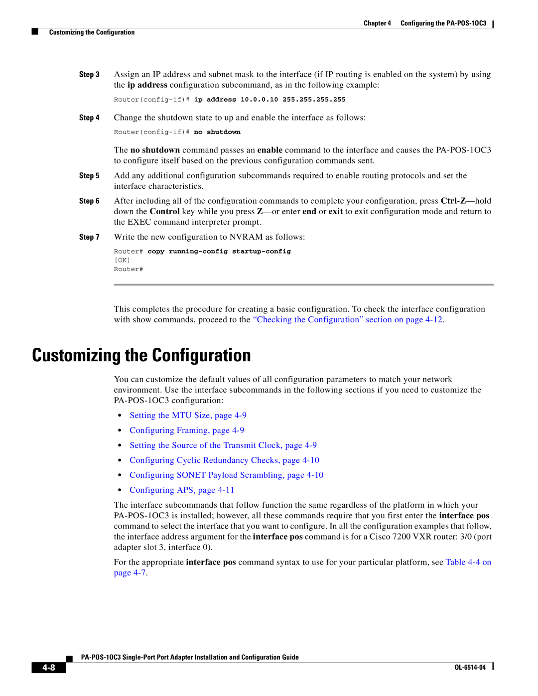 Cisco Systems PA-POS-2OC3, PA-POS-1OC3 manual Customizing the Configuration 