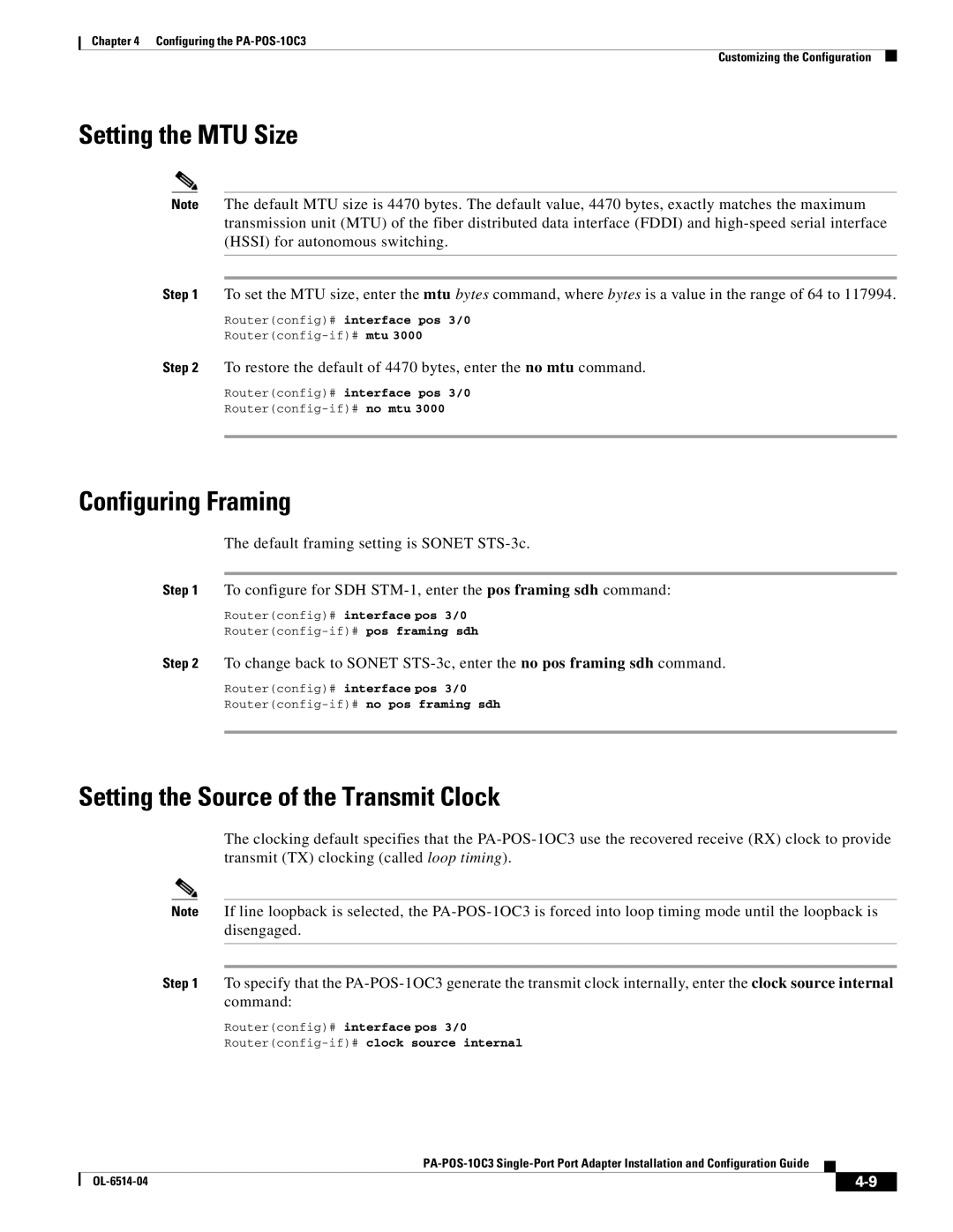 Cisco Systems PA-POS-1OC3, PA-POS-2OC3 Setting the MTU Size, Configuring Framing, Setting the Source of the Transmit Clock 