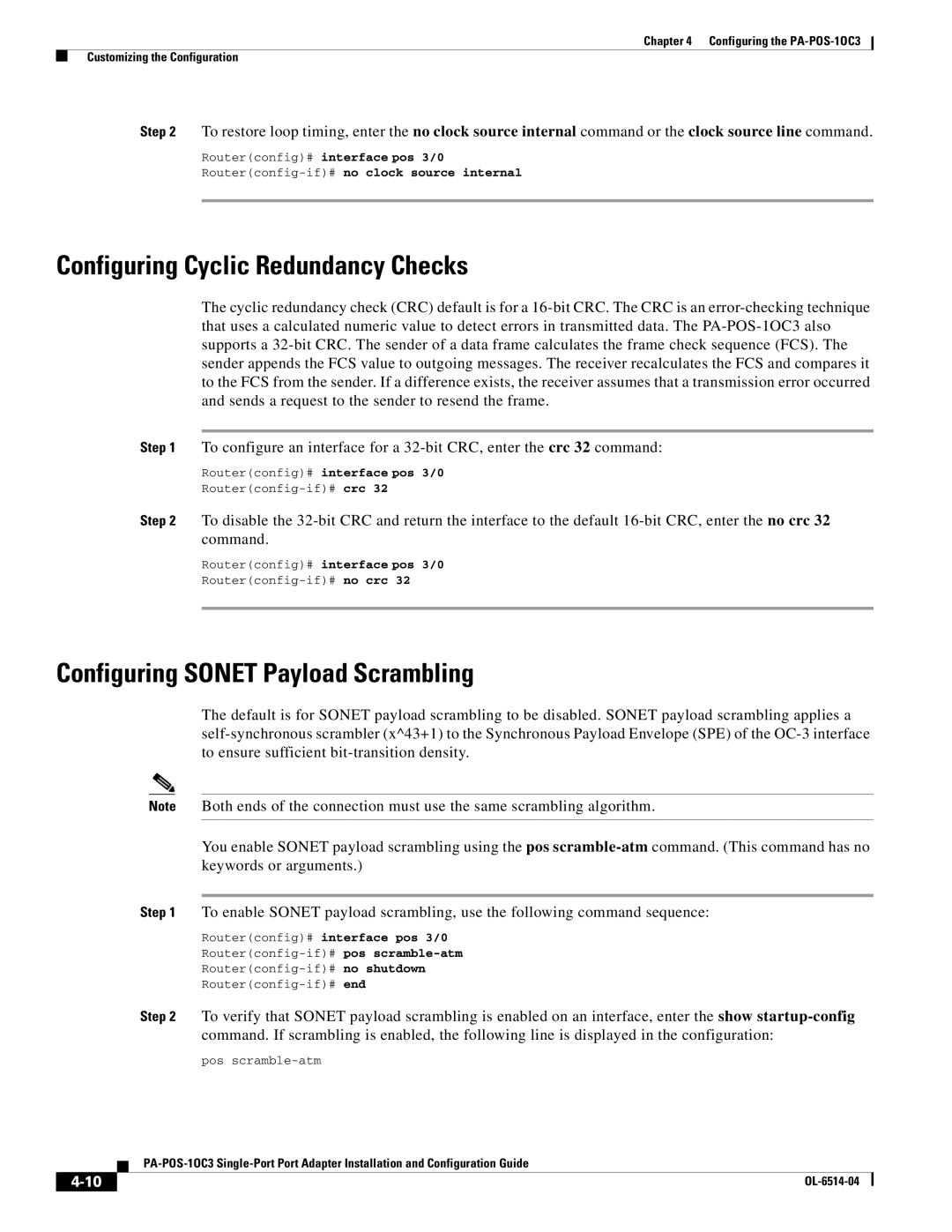 Cisco Systems PA-POS-2OC3, PA-POS-1OC3 manual Configuring Cyclic Redundancy Checks, Configuring Sonet Payload Scrambling 