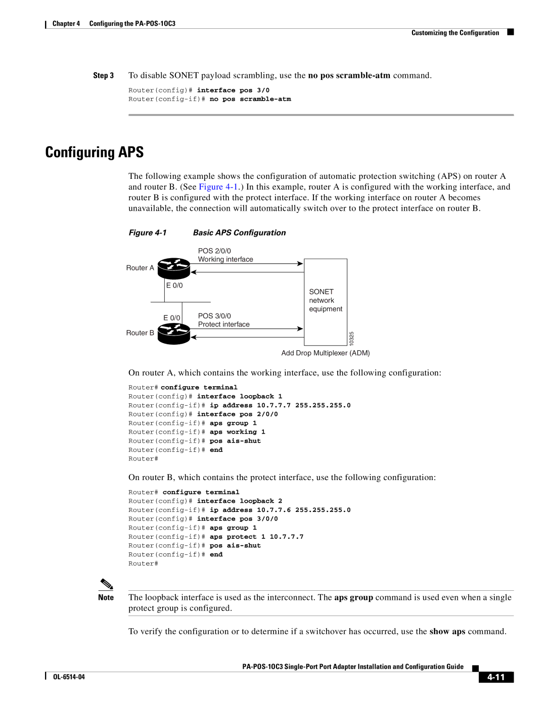 Cisco Systems PA-POS-1OC3, PA-POS-2OC3 manual Configuring APS, Basic APS Configuration 