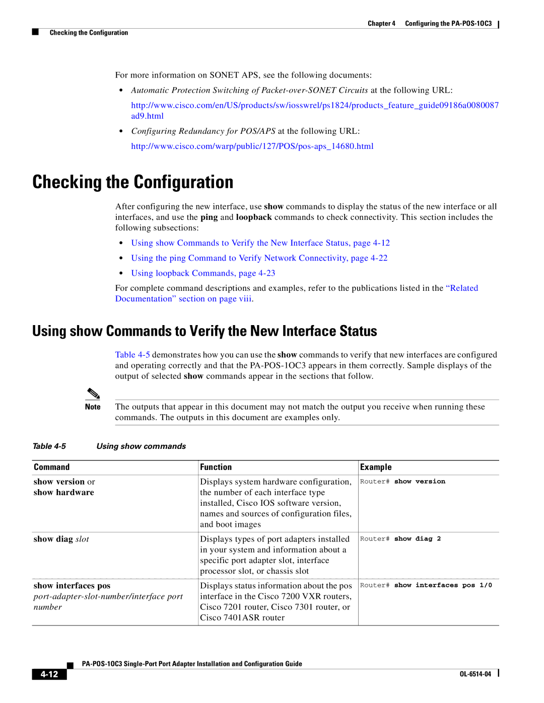 Cisco Systems PA-POS-2OC3, PA-POS-1OC3 Checking the Configuration, Using show Commands to Verify the New Interface Status 