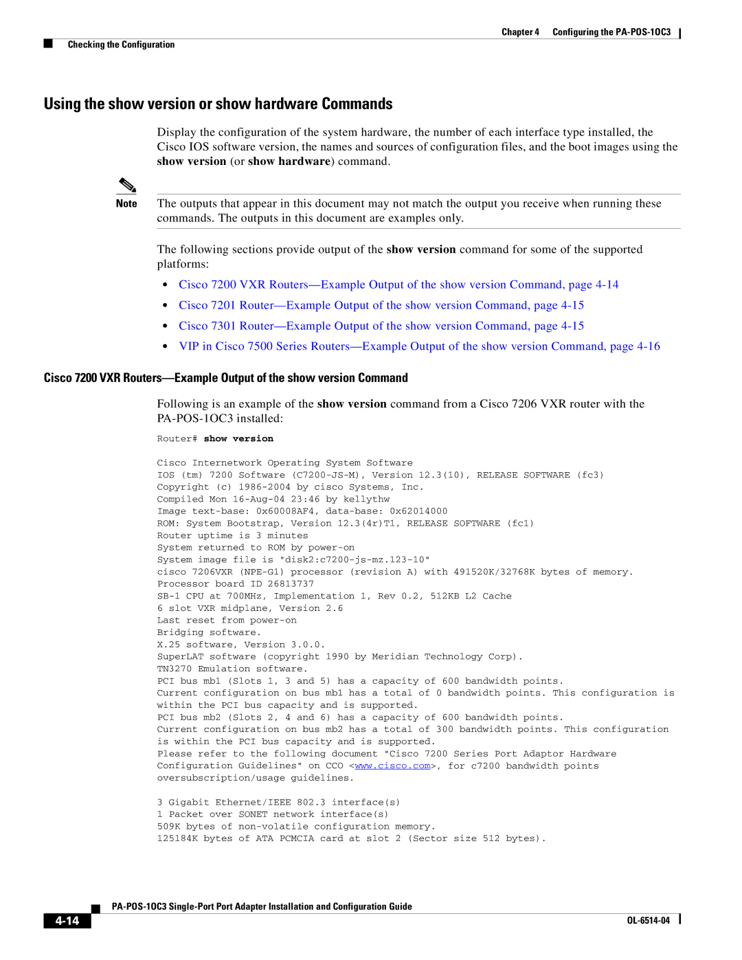 Cisco Systems PA-POS-2OC3, PA-POS-1OC3 manual Using the show version or show hardware Commands 