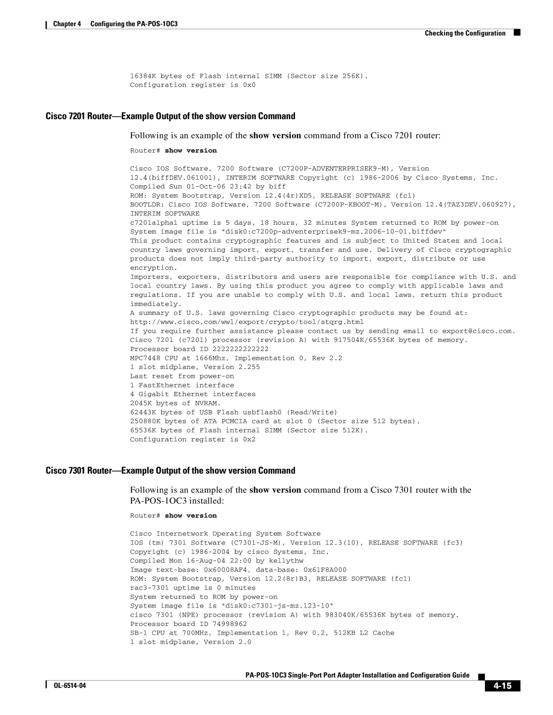 Cisco Systems PA-POS-1OC3, PA-POS-2OC3 manual Cisco 7201 Router-Example Output of the show version Command 