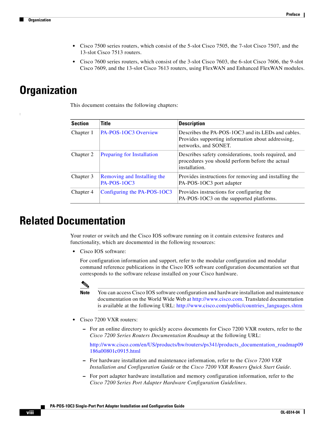 Cisco Systems PA-POS-2OC3, PA-POS-1OC3 manual Organization, Related Documentation, Section Title Description 