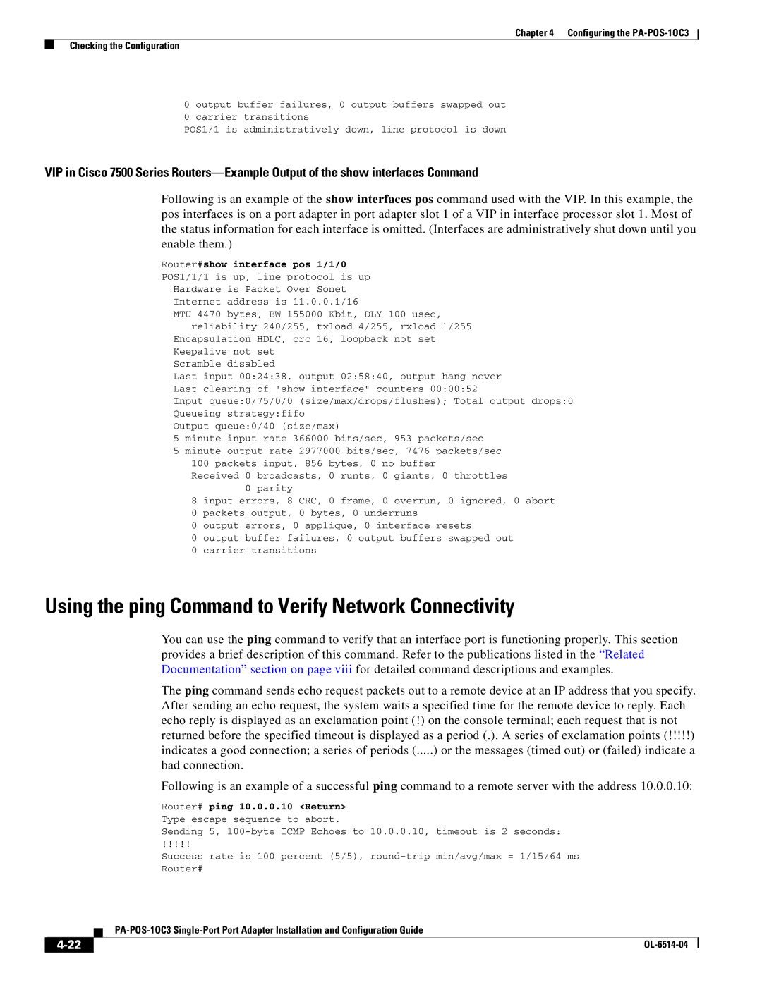 Cisco Systems PA-POS-2OC3 manual Using the ping Command to Verify Network Connectivity, Router# ping 10.0.0.10 Return 