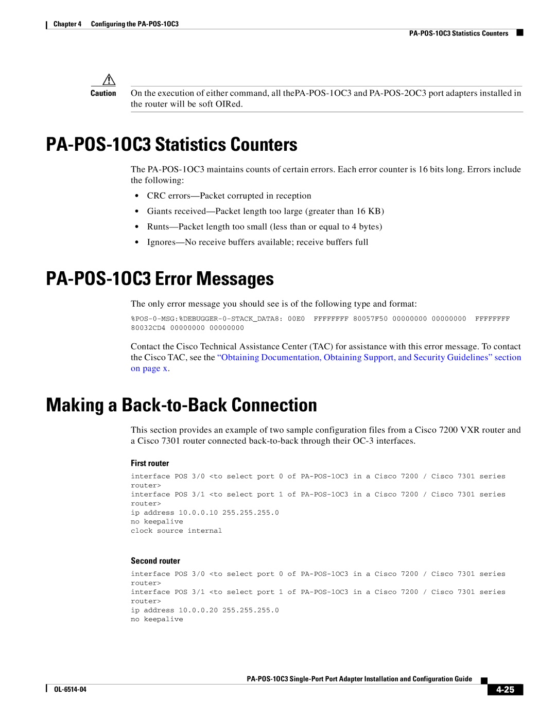 Cisco Systems manual PA-POS-1OC3 Statistics Counters, PA-POS-1OC3 Error Messages, Making a Back-to-Back Connection 