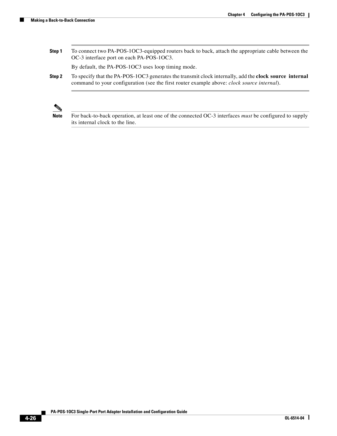 Cisco Systems PA-POS-2OC3 manual Configuring the PA-POS-1OC3 Making a Back-to-Back Connection 