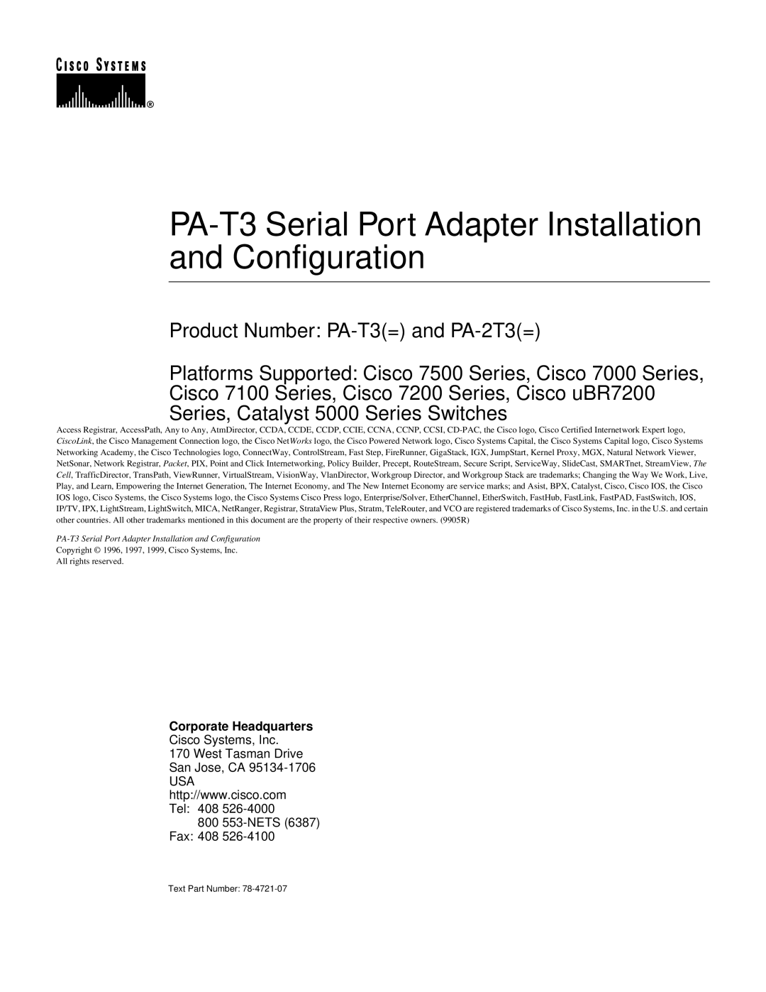 Cisco Systems manual PA-T3 Serial Port Adapter Installation and Configuration, Product Number PA-T3= and PA-2T3= 