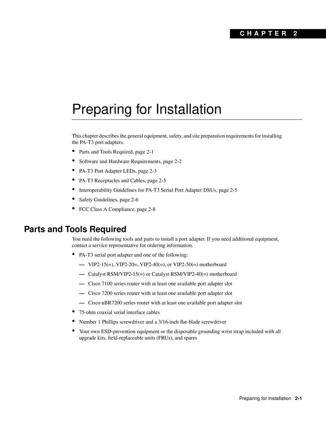 Cisco Systems PA-T3 manual Preparing for Installation, Parts and Tools Required, C H A P T E R 