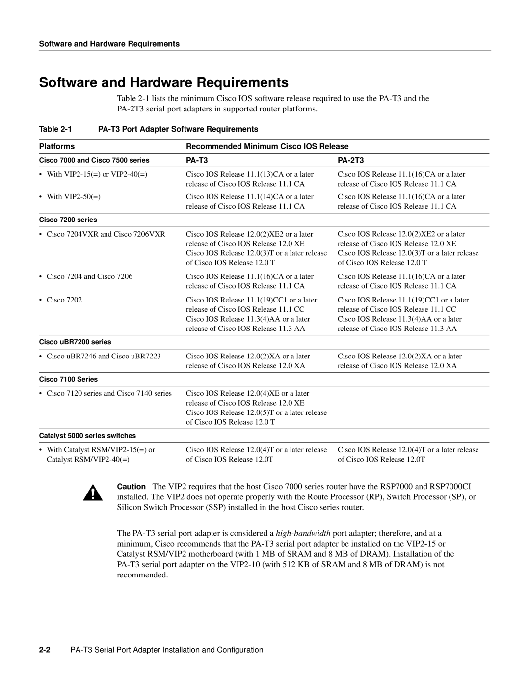 Cisco Systems PA-T3 manual Software and Hardware Requirements 
