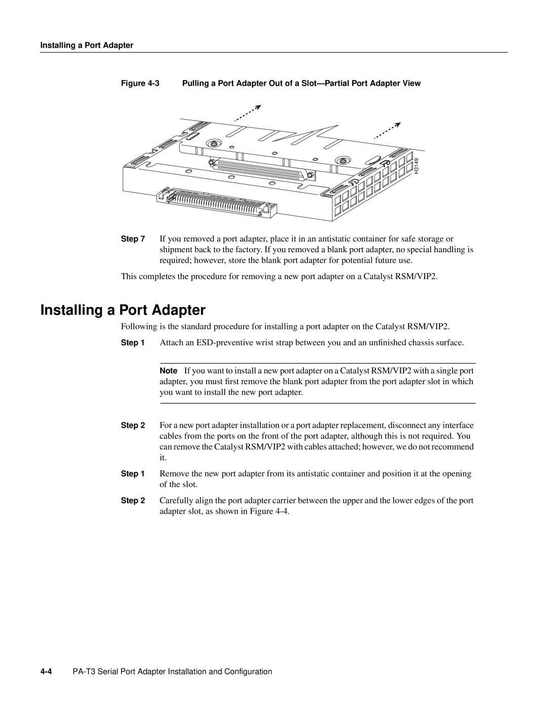Cisco Systems manual Installing a Port Adapter, PA-T3 Serial Port Adapter Installation and Configuration 