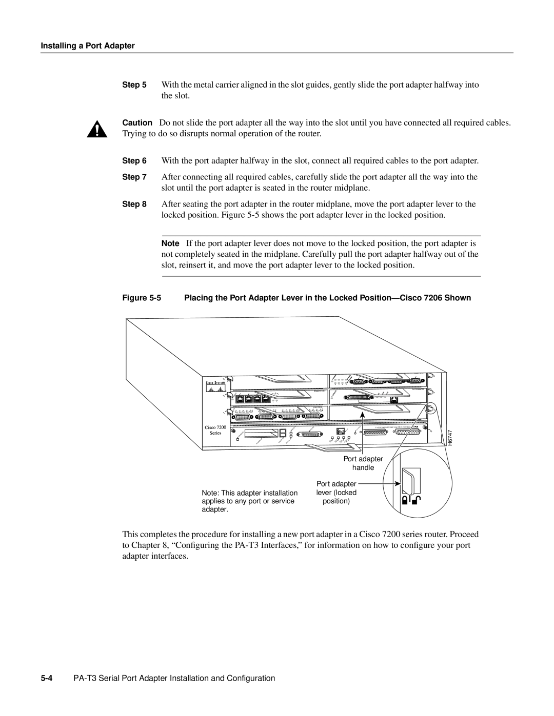 Cisco Systems manual PA-T3 Serial Port Adapter Installation and Configuration, Port adapter lever locked position 