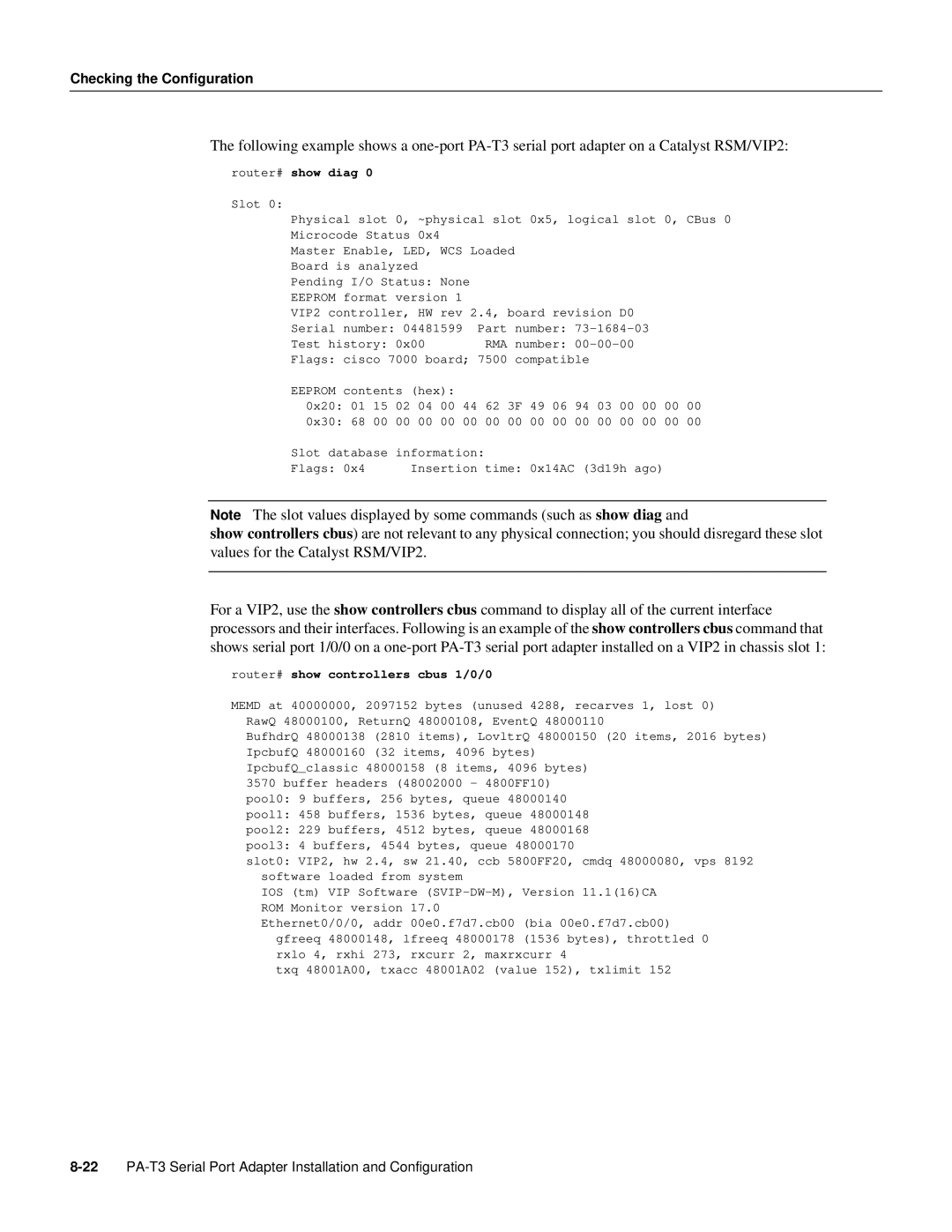 Cisco Systems PA-T3 manual Note The slot values displayed by some commands such as show diag and 