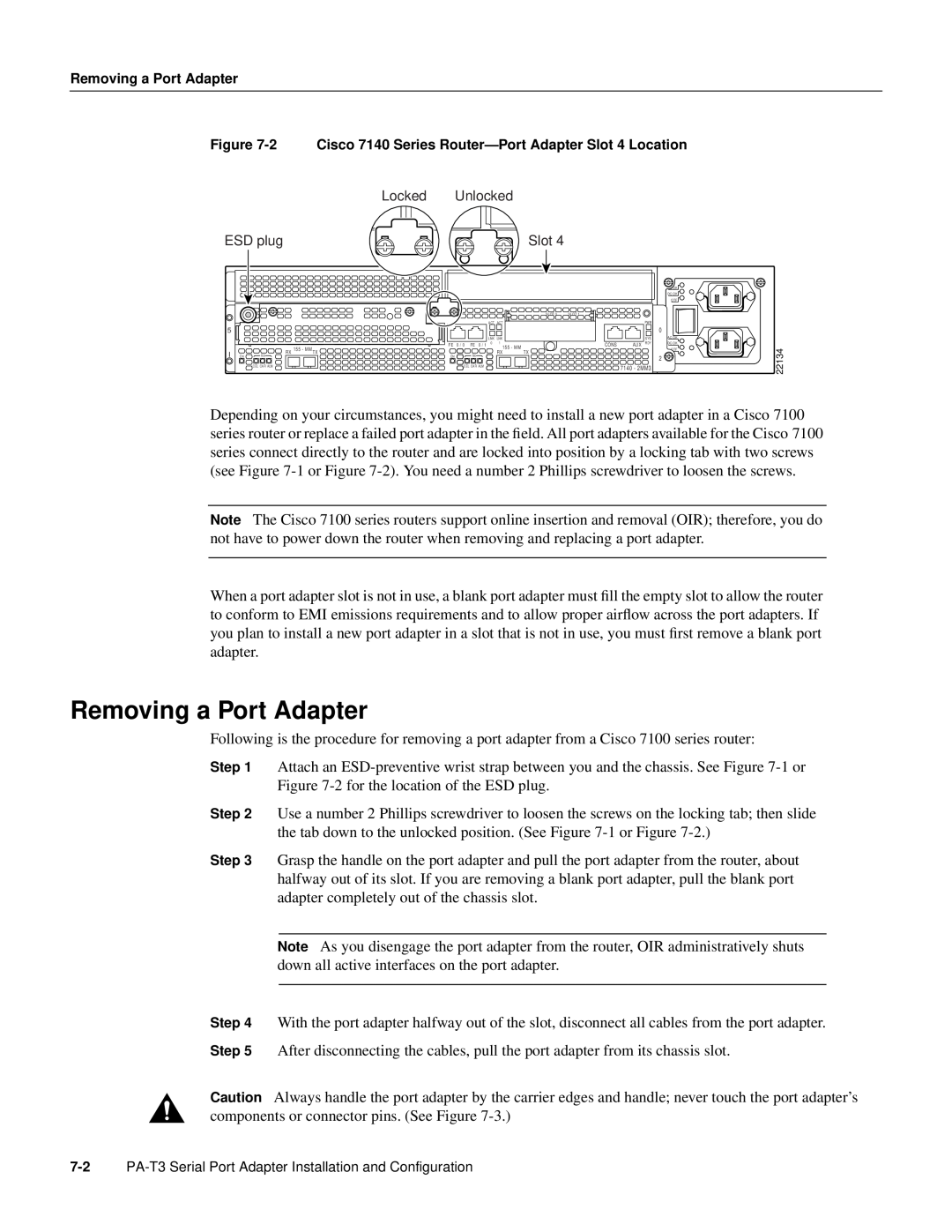 Cisco Systems PA-T3 manual Removing a Port Adapter 