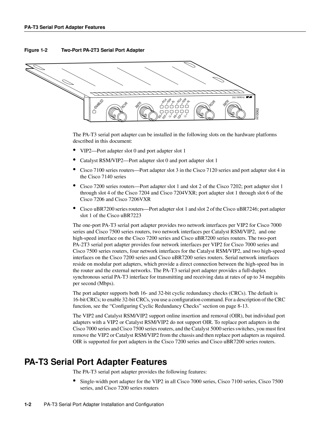 Cisco Systems manual PA-T3 Serial Port Adapter Features 