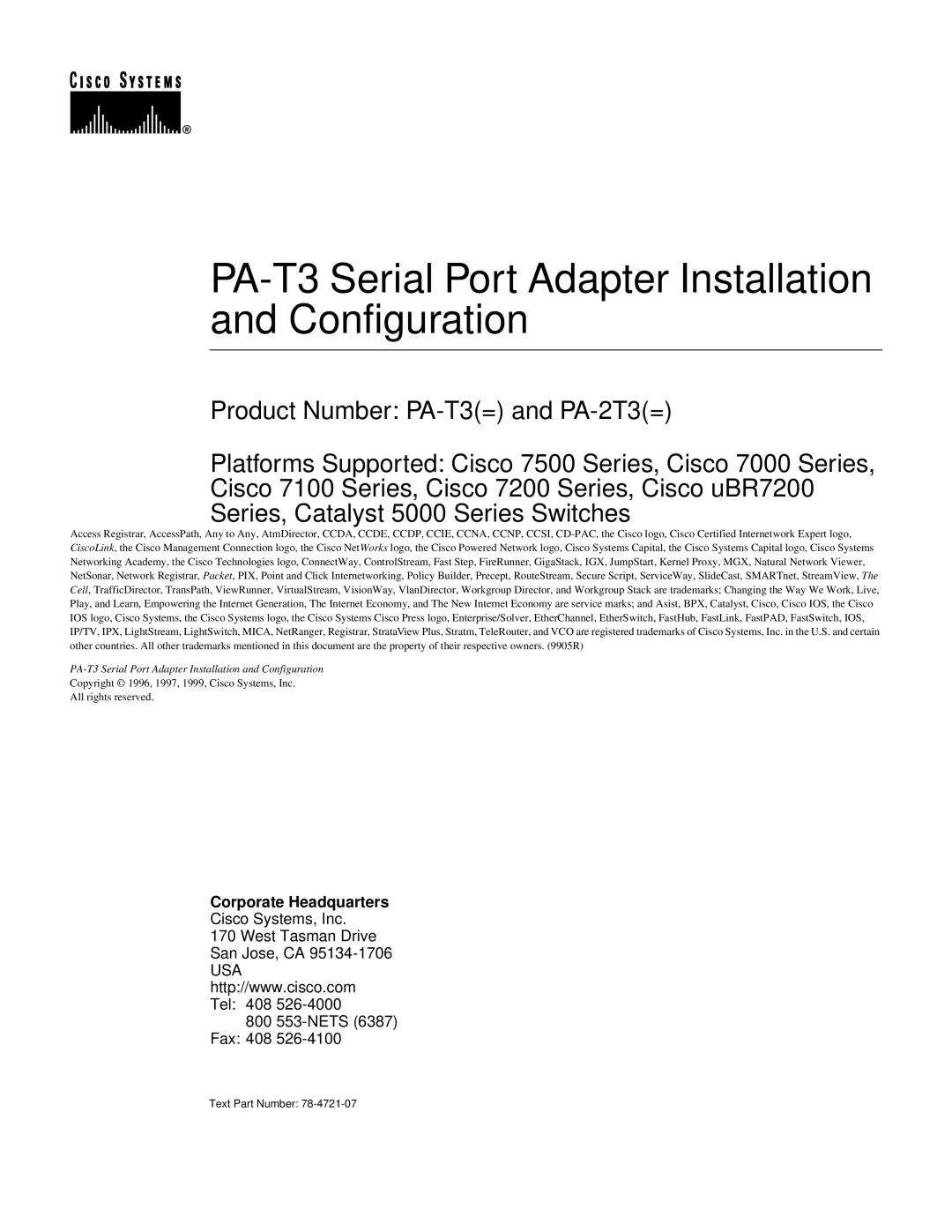 Cisco Systems manual PA-T3 Serial Port Adapter Installation and Configuration, Corporate Headquarters 