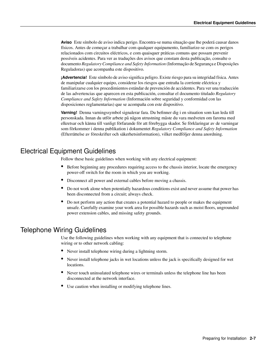 Cisco Systems PA-T3 manual Electrical Equipment Guidelines, Telephone Wiring Guidelines 