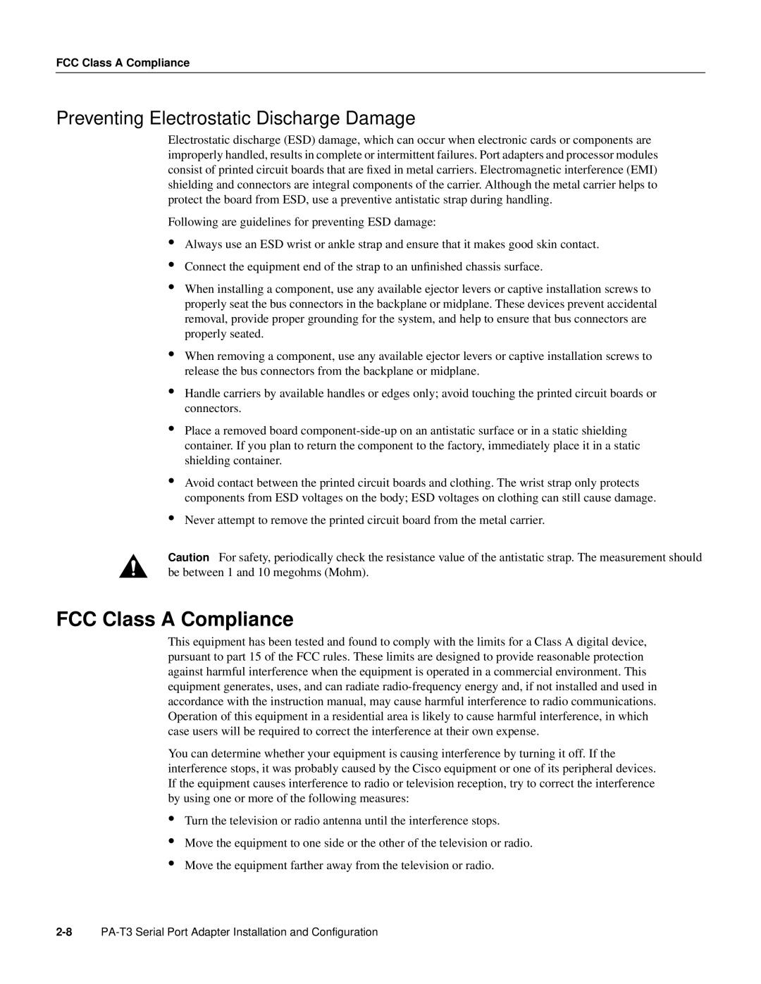 Cisco Systems PA-T3 manual FCC Class a Compliance, Preventing Electrostatic Discharge Damage 