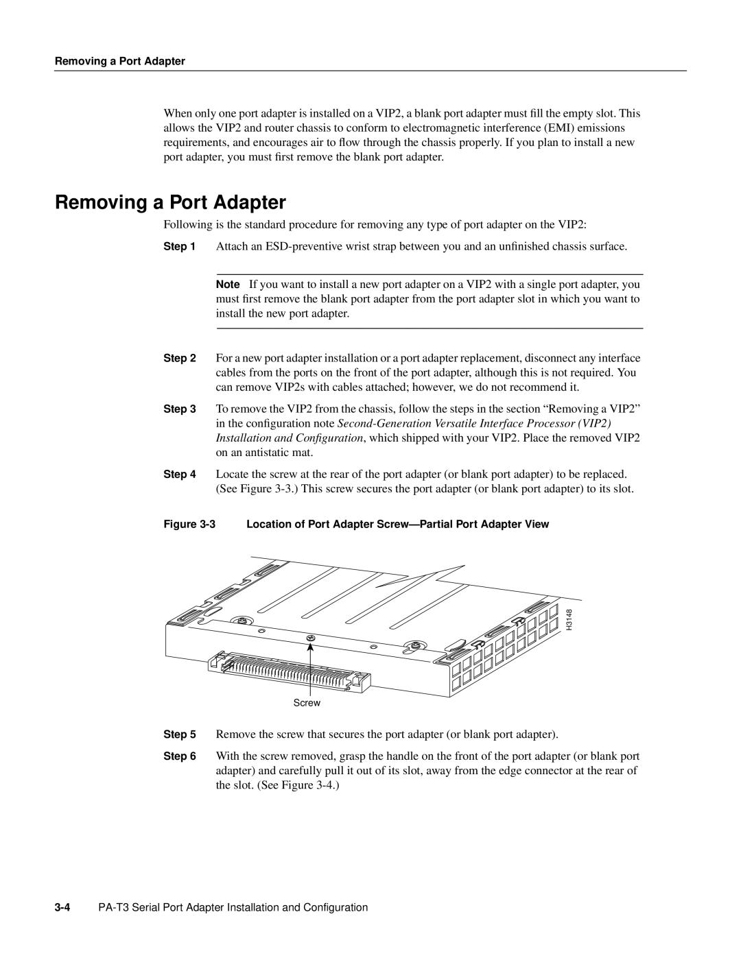 Cisco Systems PA-T3 manual Removing a Port Adapter 