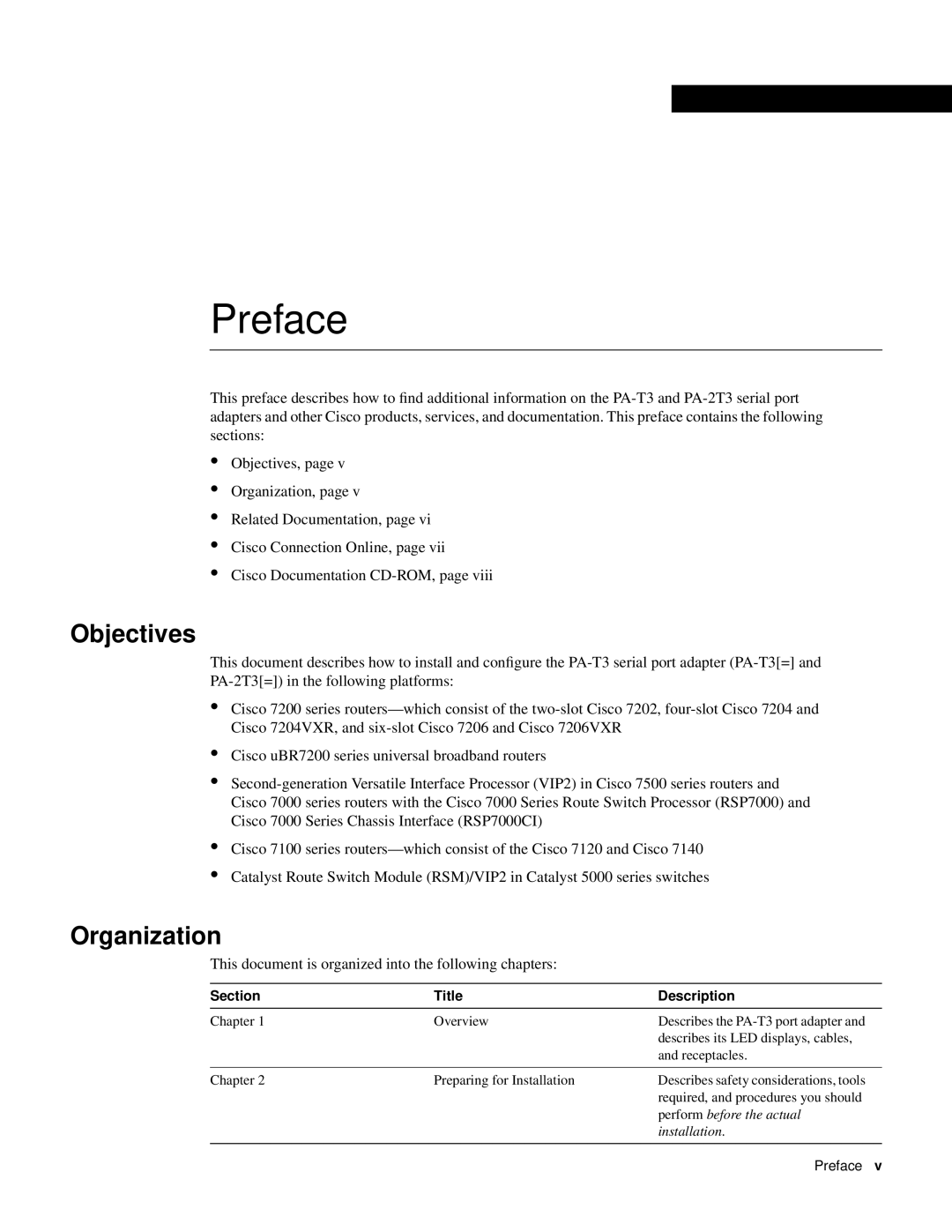 Cisco Systems PA-T3 manual Preface, Objectives, Organization, Section Title Description 