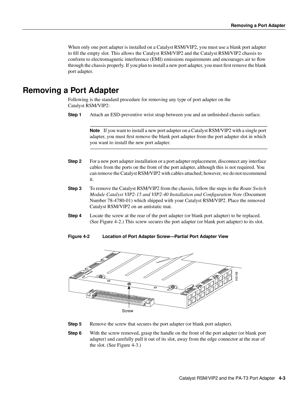 Cisco Systems PA-T3 manual Removing a Port Adapter 