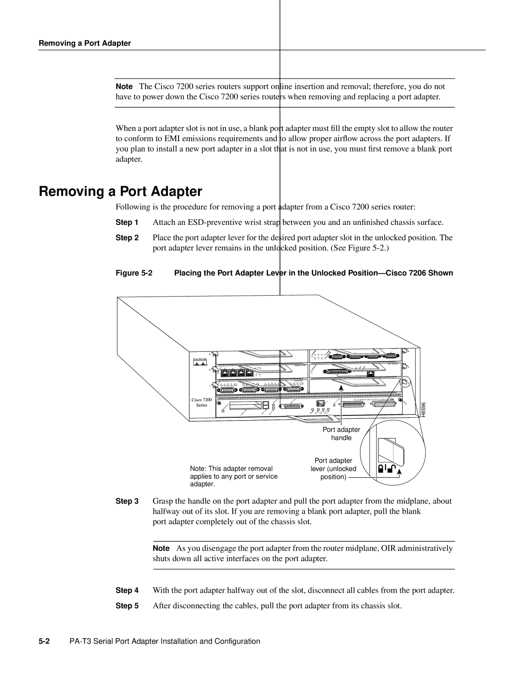 Cisco Systems PA-T3 manual Port adapter Handle Lever unlocked Position 