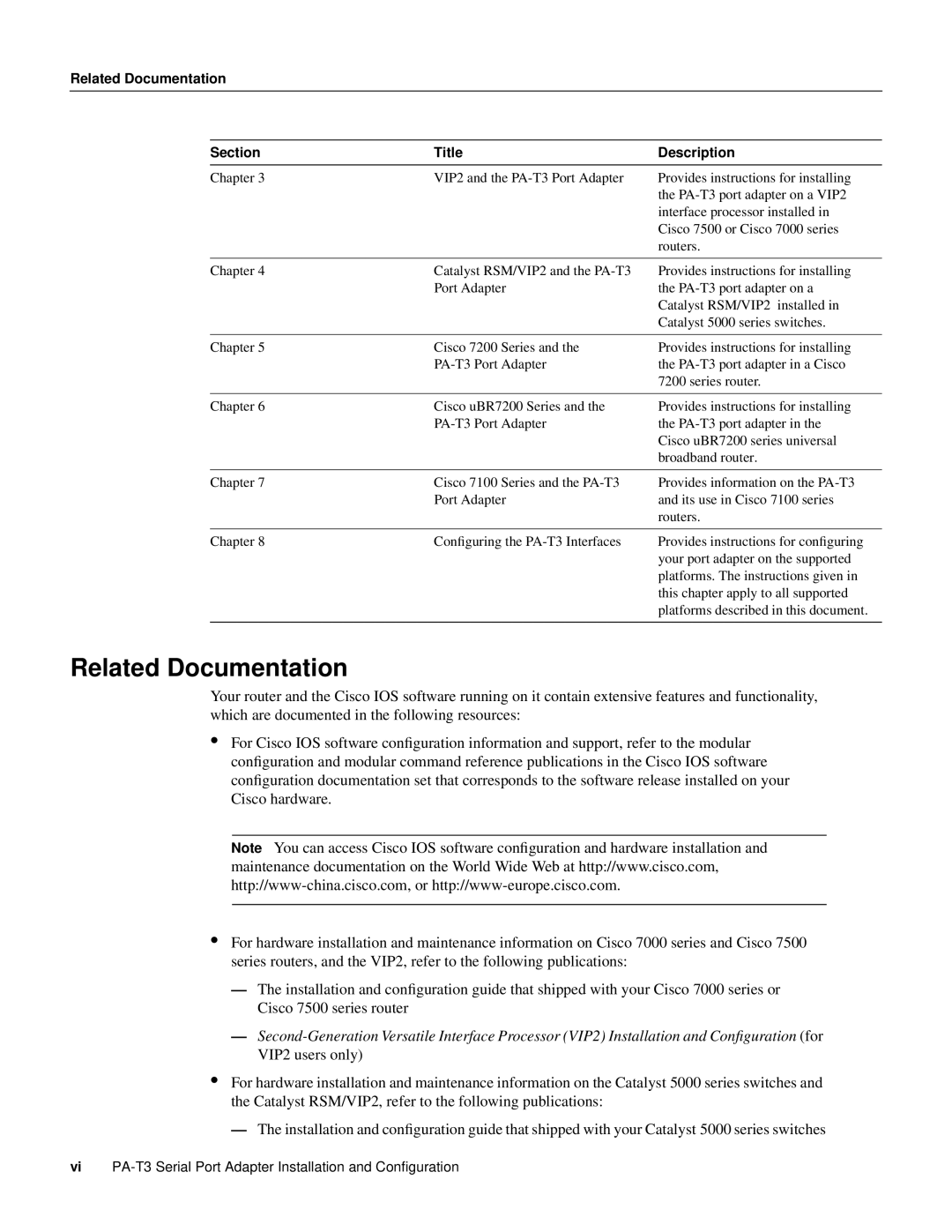 Cisco Systems PA-T3 manual Related Documentation Section Title Description 