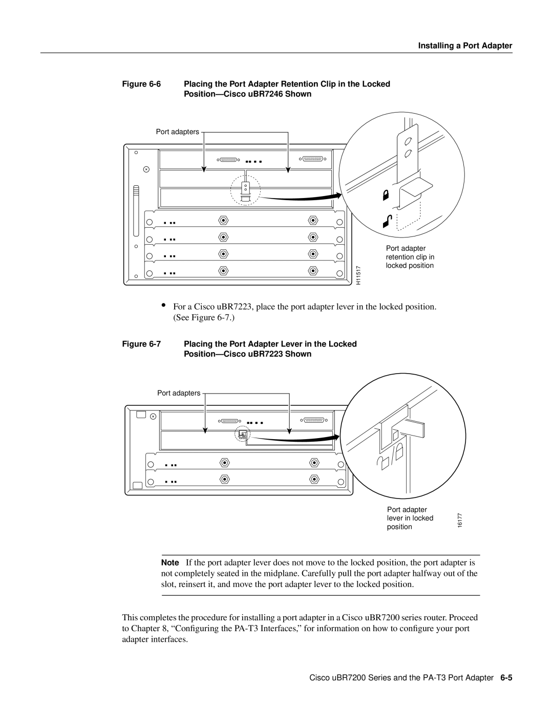 Cisco Systems PA-T3 manual Port adapter retention clip in locked position 