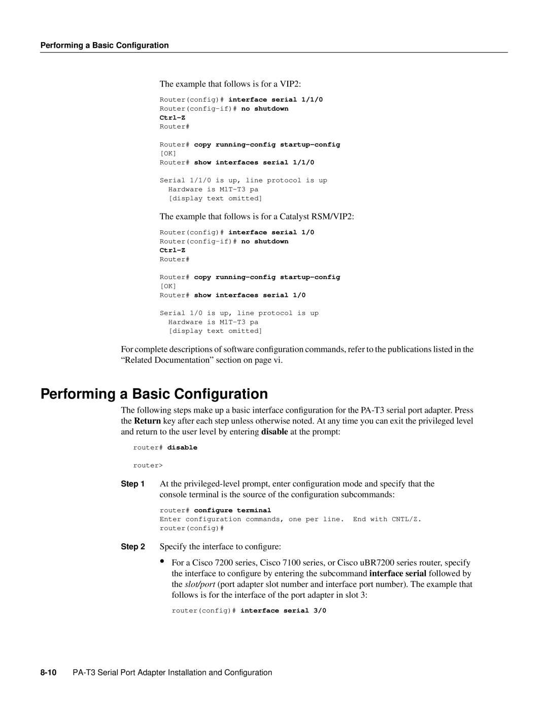 Cisco Systems PA-T3 Performing a Basic Conﬁguration, Performing a Basic Configuration, Routerconfig# interface serial 3/0 