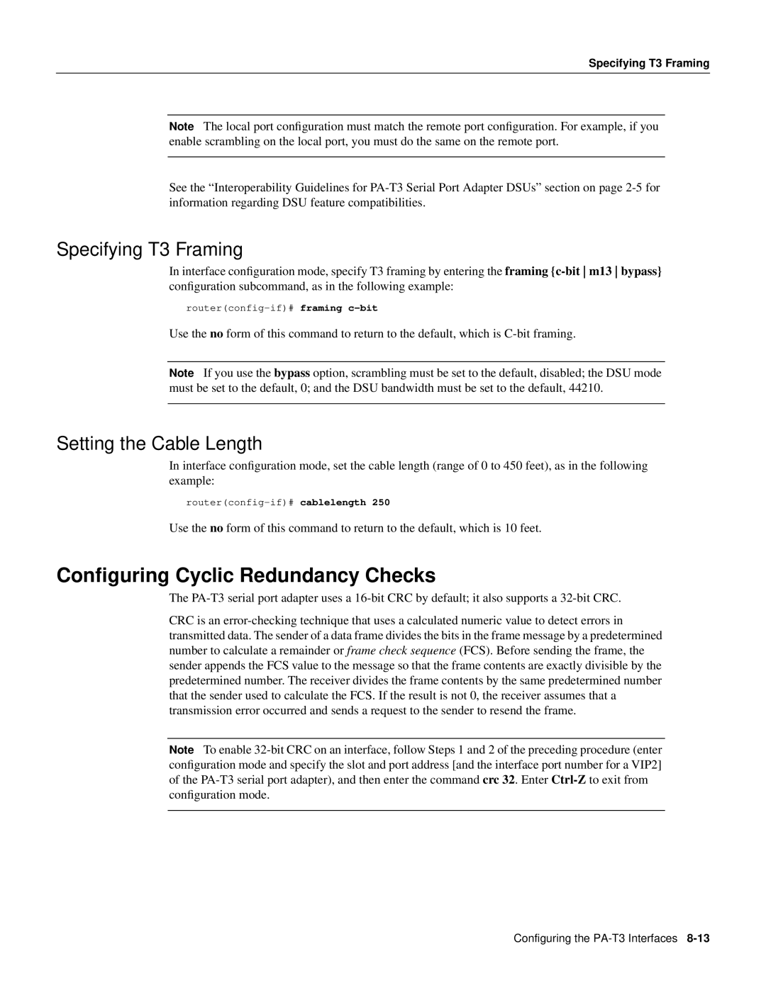 Cisco Systems PA-T3 manual Conﬁguring Cyclic Redundancy Checks, Specifying T3 Framing, Setting the Cable Length 