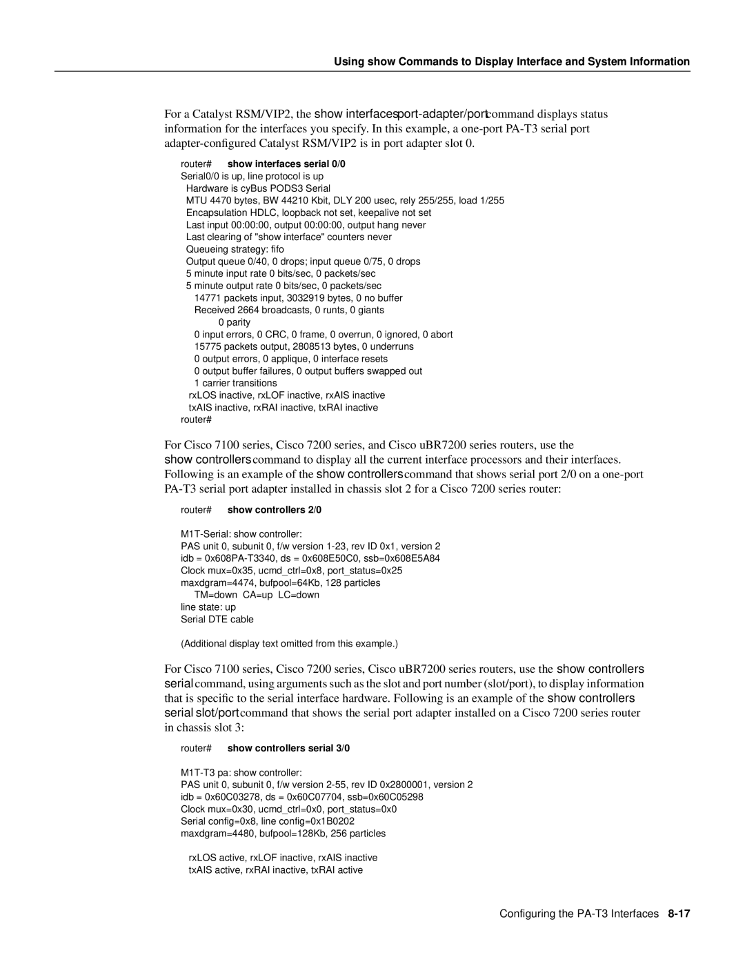 Cisco Systems PA-T3 manual Router# show controllers 2/0, Router# show controllers serial 3/0 
