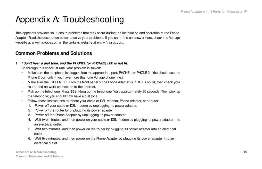 Cisco Systems PAP2 manual Appendix a Troubleshooting, Common Problems and Solutions 