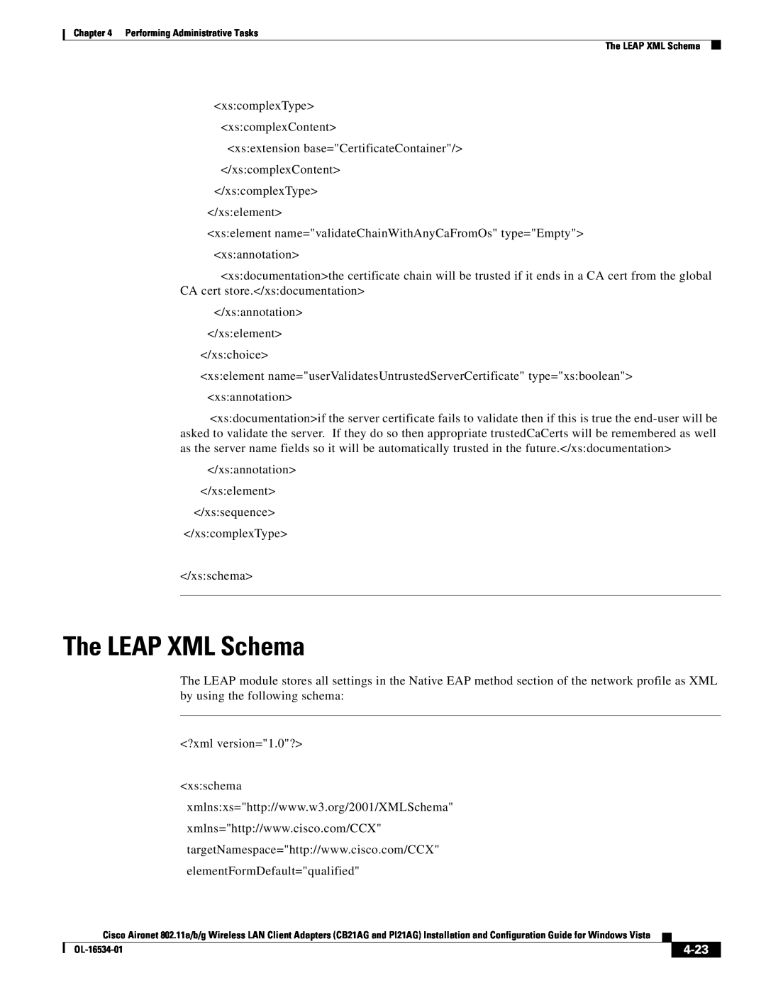 Cisco Systems CB21AG, PI21AG manual The LEAP XML Schema, 4-23 